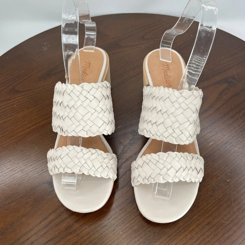 Madewell Kiera Sandals Women 6.5 Pale Oyster Woven Leather Block Heel Mule AM223 - Picture 3 of 16